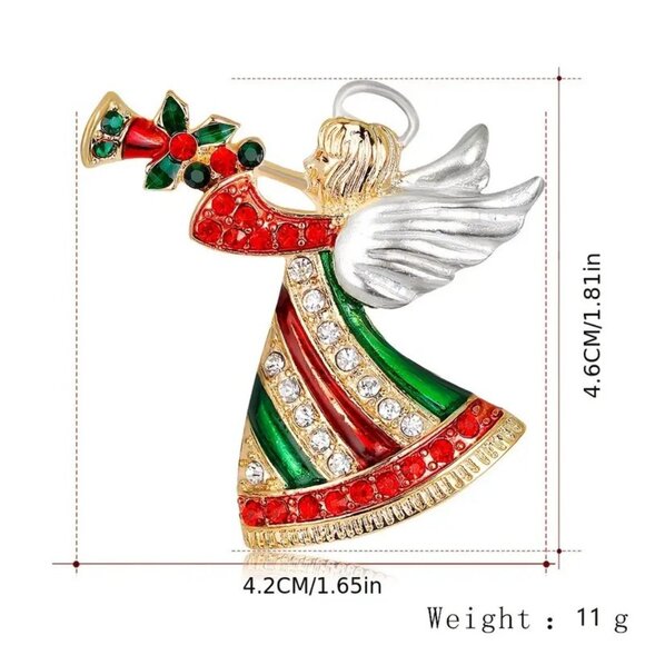 Elegant Christmas Angel Brooch, Trumpet-Playing Angel w Sparkling Rhinestones - Picture 3 of 3